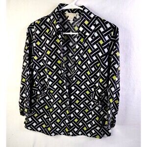 Tweeds 100 Linen Cotton  Black White Green Blouse Shirt M  3/4 Sleeves Buttons